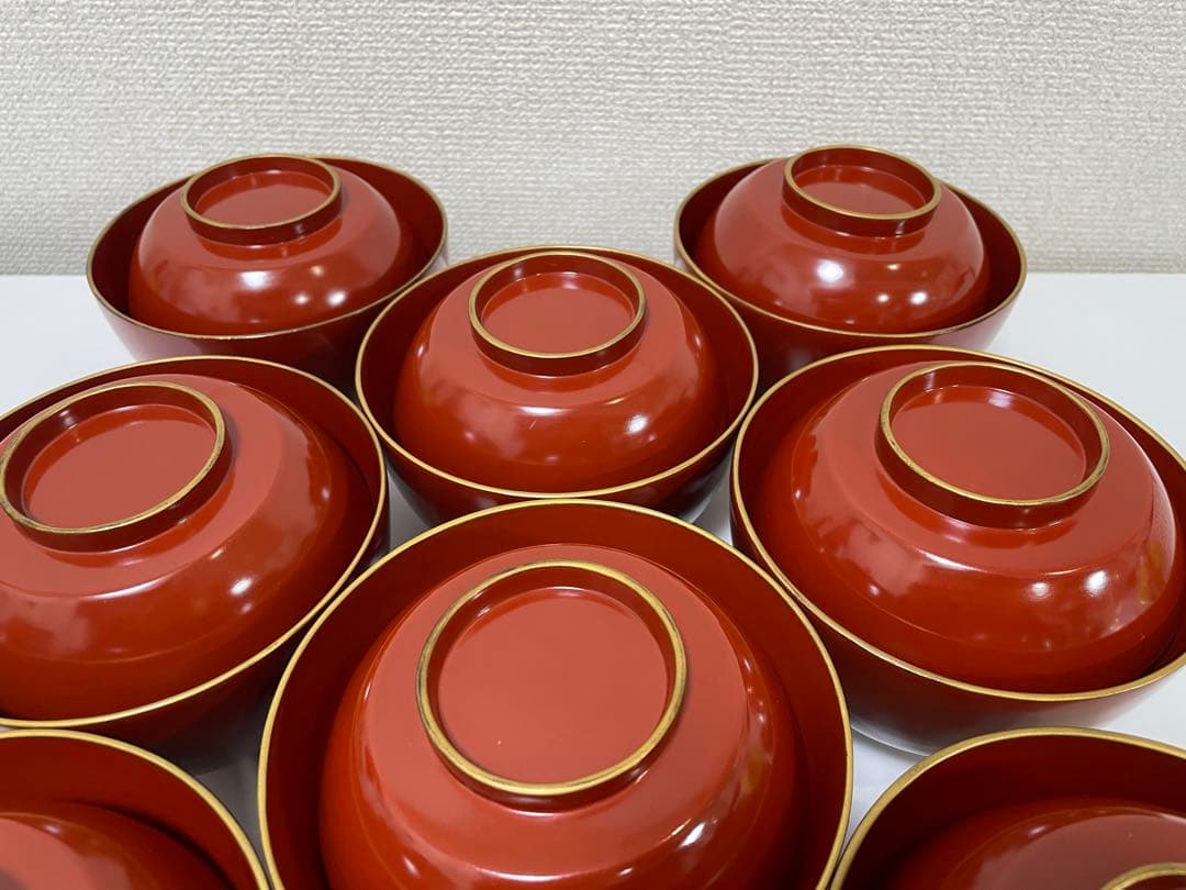 【現状品】漆器 輪島塗 金彩 朱塗 底黒塗 蓋付き椀 割烹 煮物椀 9個 ②