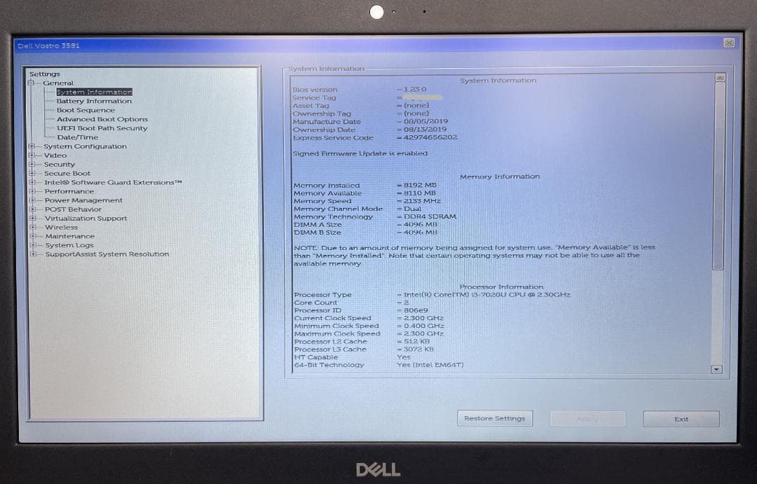 Windowsノート本体 DELL Vostro3581 Core i3 8G SSD128G Win11