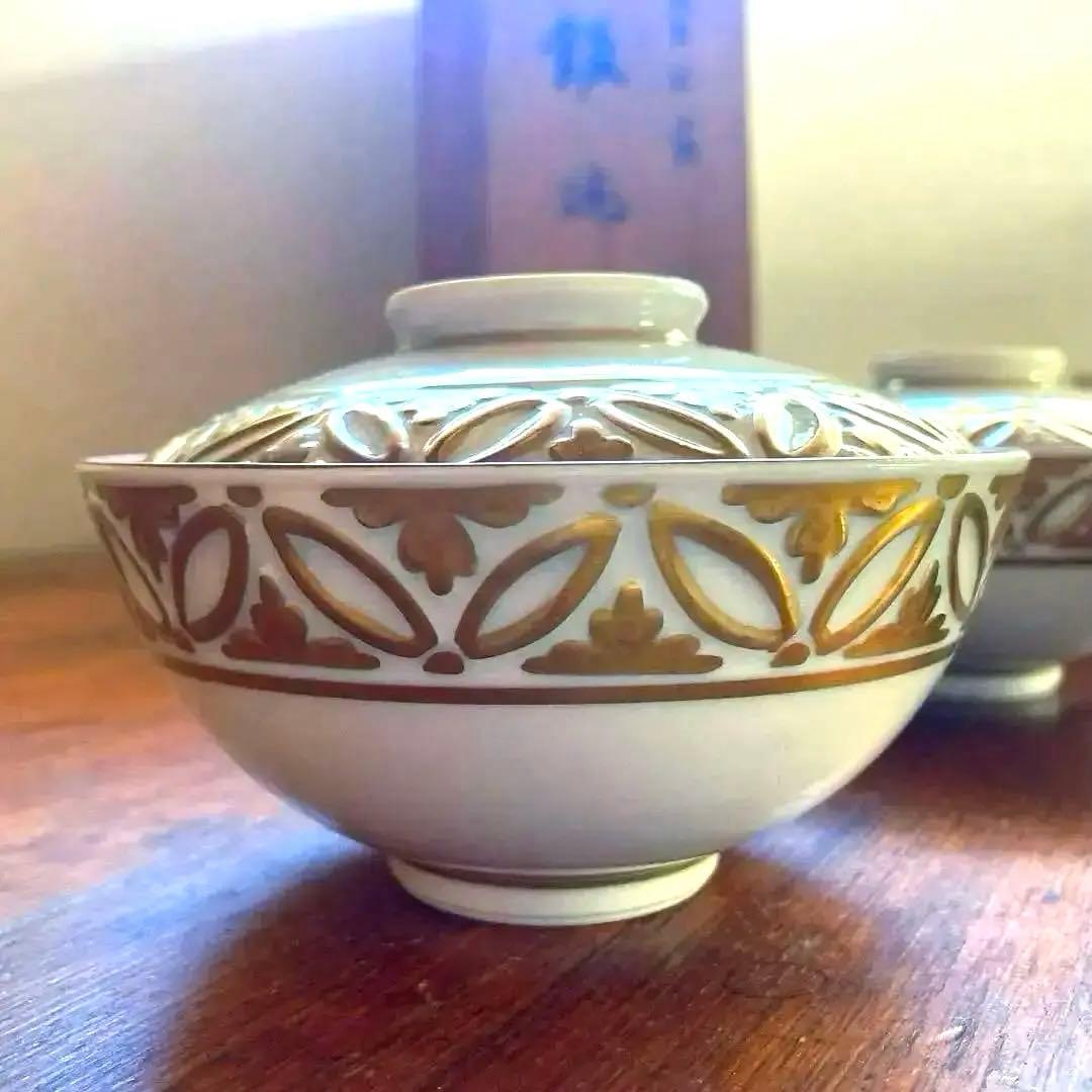 京焼　清水焼　平安　松本石亭作　彫金七宝　蓋付飯碗 5客組　共箱共布付き