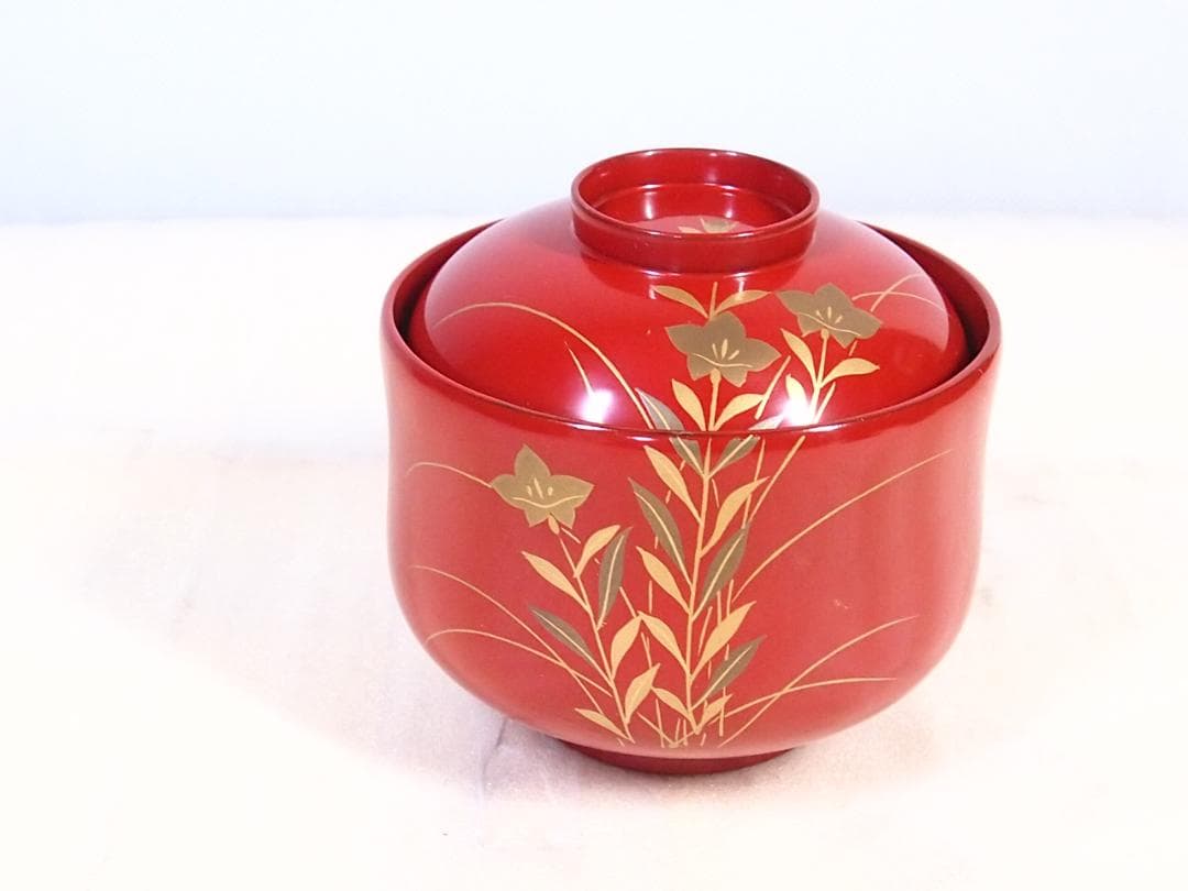 【美品】輪島塗 西久保田漆器店 朱塗 桔梗蒔絵 小吸物椀 5客 瓢型 漆器/食器