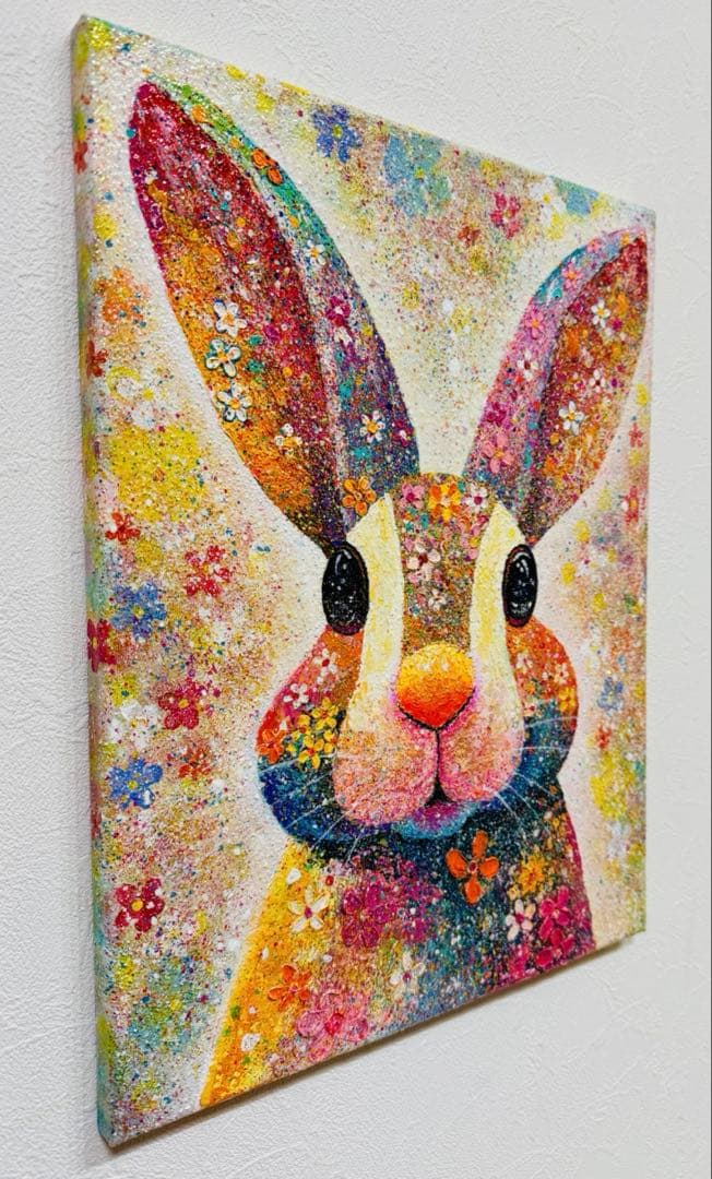 原画　うさぎ画 アクリル絵画【 おひさまの はなうさぎ 】