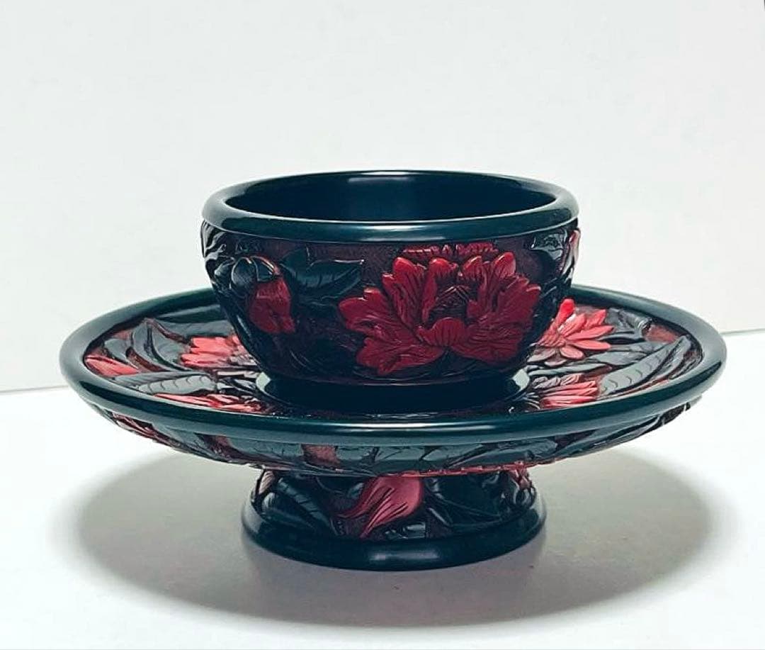 村上堆朱 天目台 菊牡丹唐花文 共箱付 茶道具 漆器 美品
