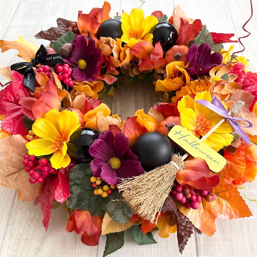 ハロウィン リース 秋リース 紅葉 カエデ 大人ハロウィン オレンジ 茶色 赤