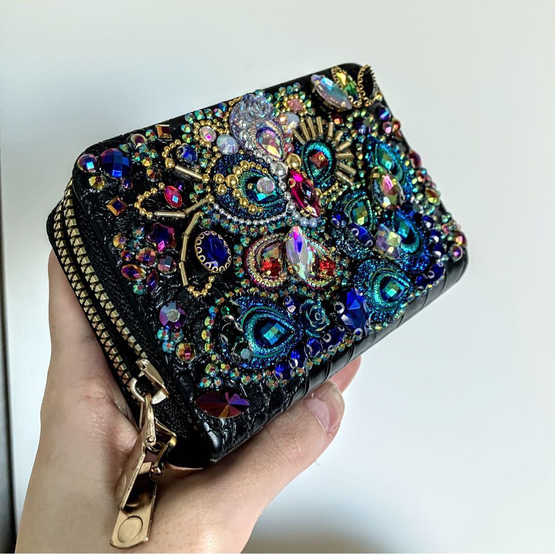 森の女王｜一点物 ハンドメイド ビジュー装飾 三つ折り財布 ダブルジッパー