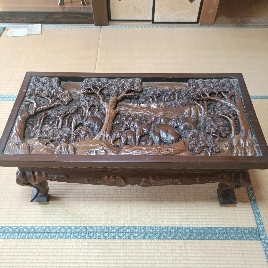【希少】50年前のタイ王国 伝統工芸 象の総手彫りテーブル チーク材