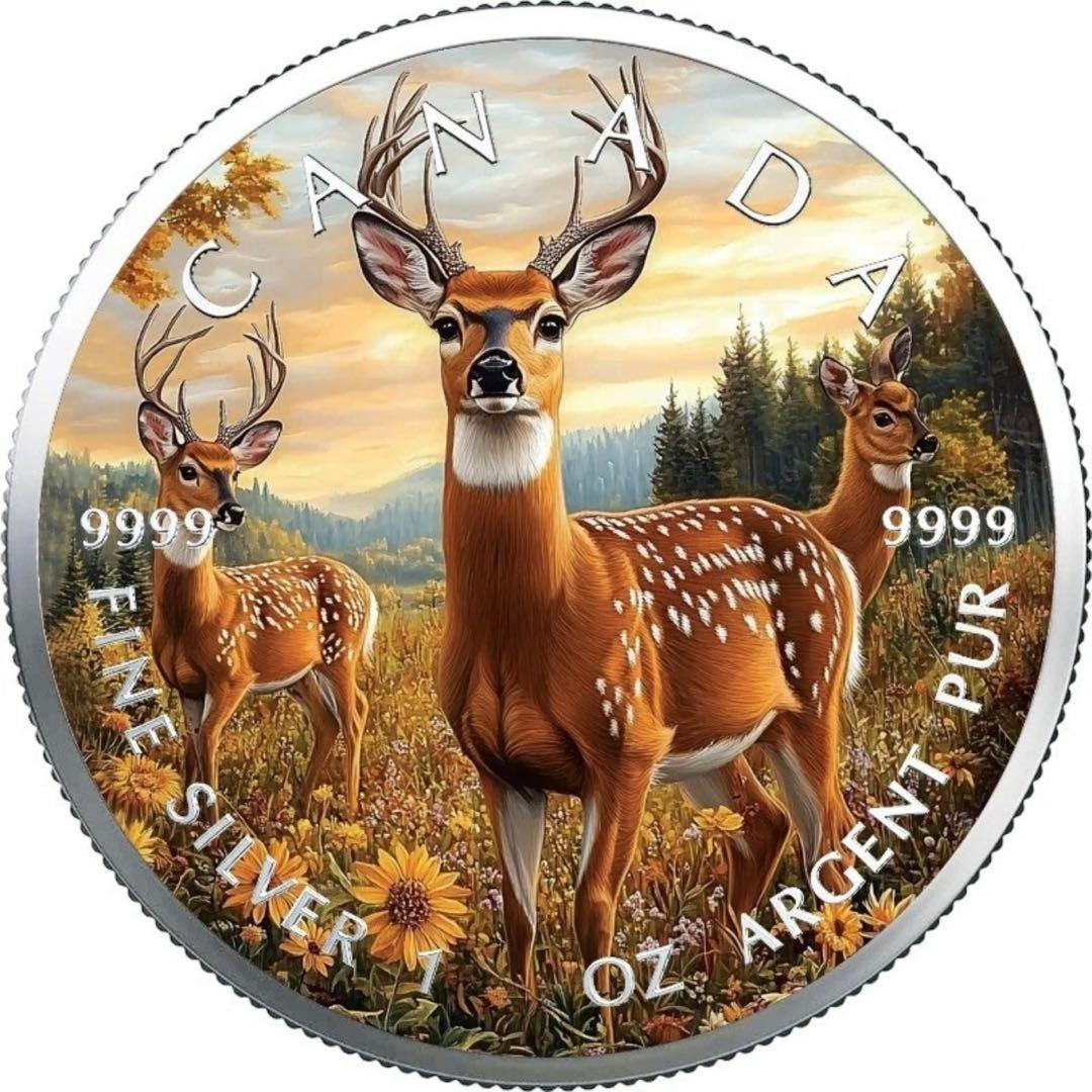メイプルリーフ 銀貨 カラー 自然と動物の融合 鹿の群れ シカ 1オンス 1oz