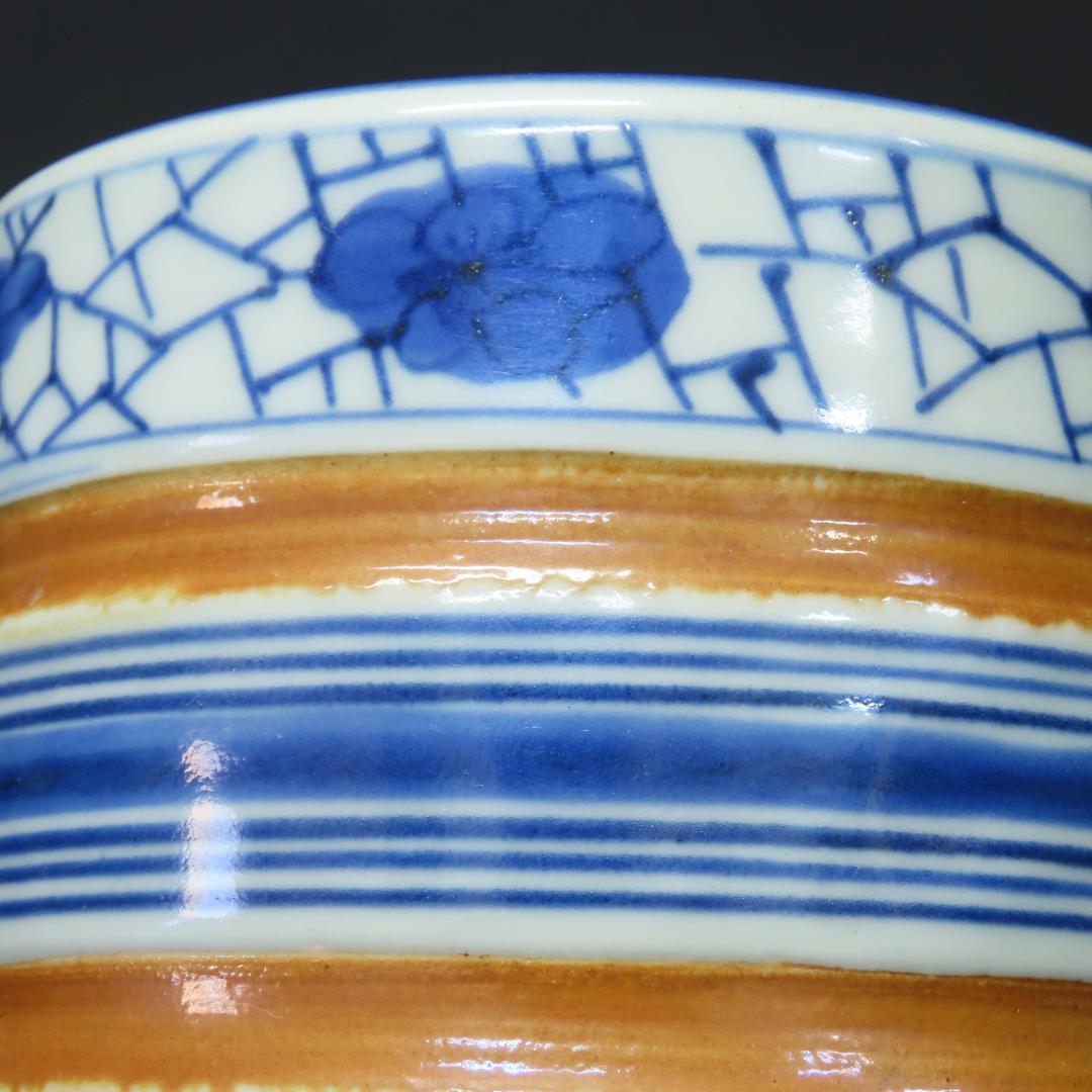 ⭕364 無傷 古伊万里 鉄絵染付 氷裂輪線文 筆筒 江戸後期/文房四宝 香炉