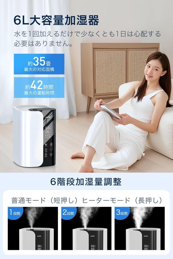 加湿器 大容量 6L 【2025年新モデル・5重除菌・加熱式】 超音波式 加湿器
