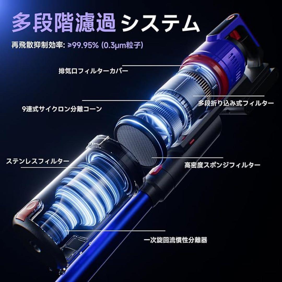 掃除機 コードレス 75kPa 強力吸引 55分連続稼働 自立式 軽量 LED