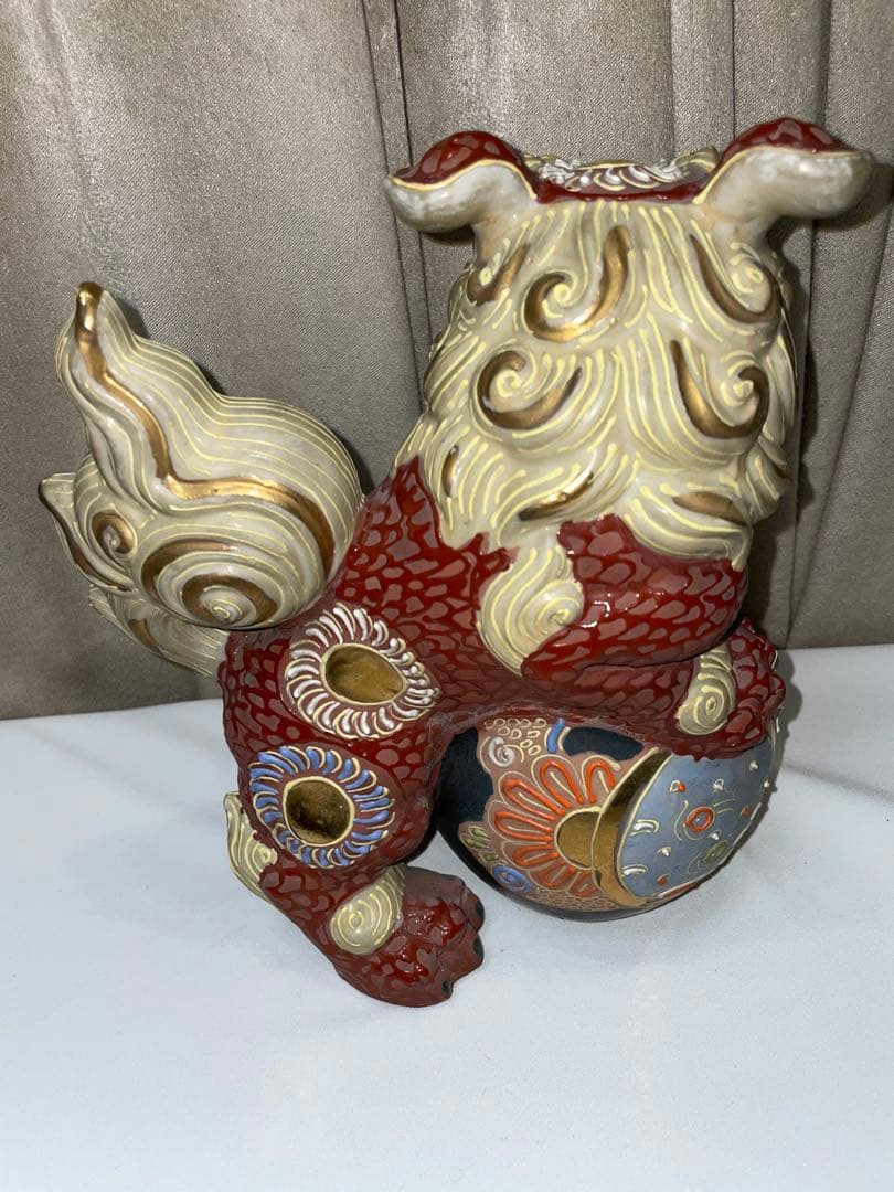 36cm 九谷焼 年代物 ヴィンテージ 玉乗り獅子 置物 陶器 シーサー 縁起物