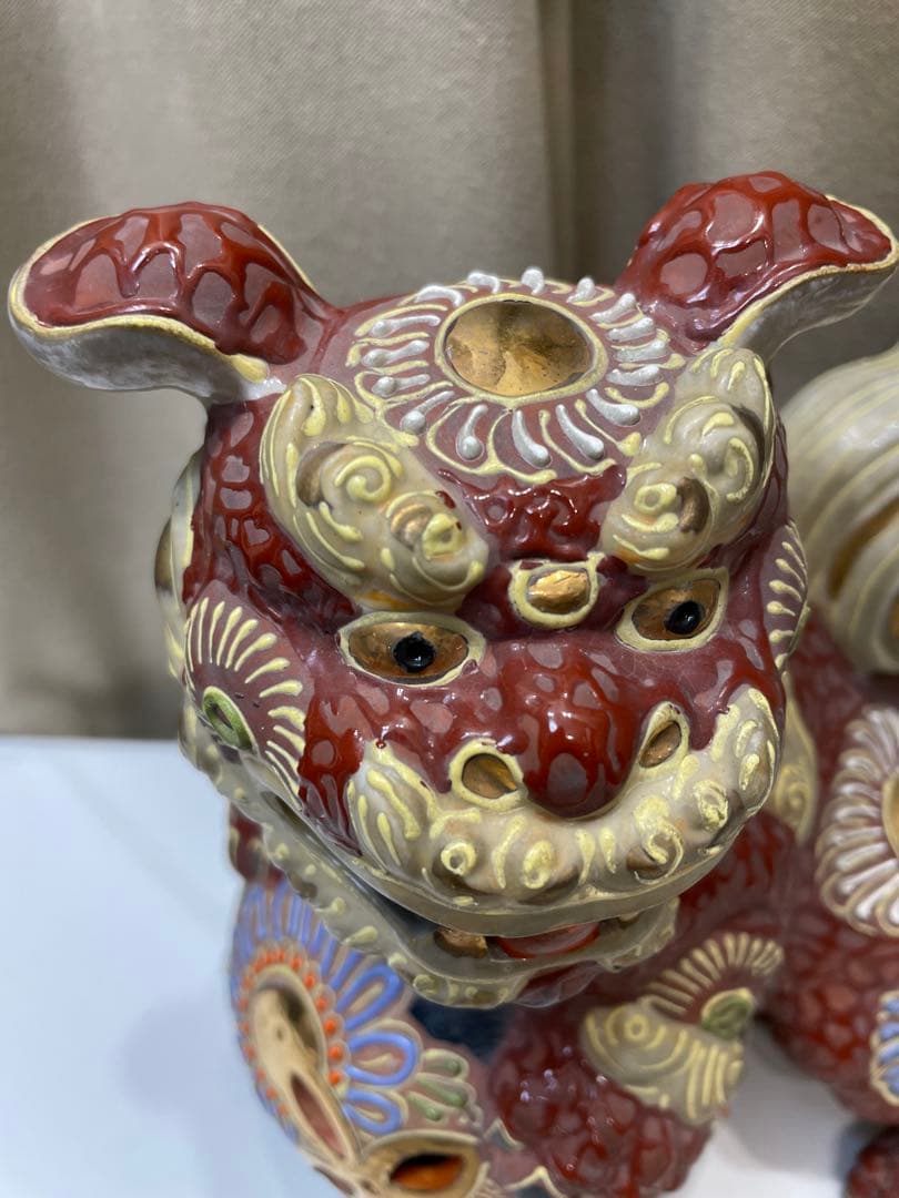 36cm 九谷焼 年代物 ヴィンテージ 玉乗り獅子 置物 陶器 シーサー 縁起物