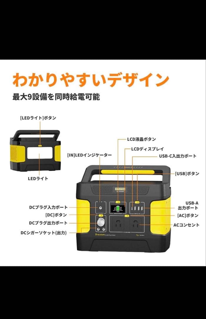 Evopow ポータブル電源 大容量515Whリン酸鉄リチウムイオン長寿命 AC