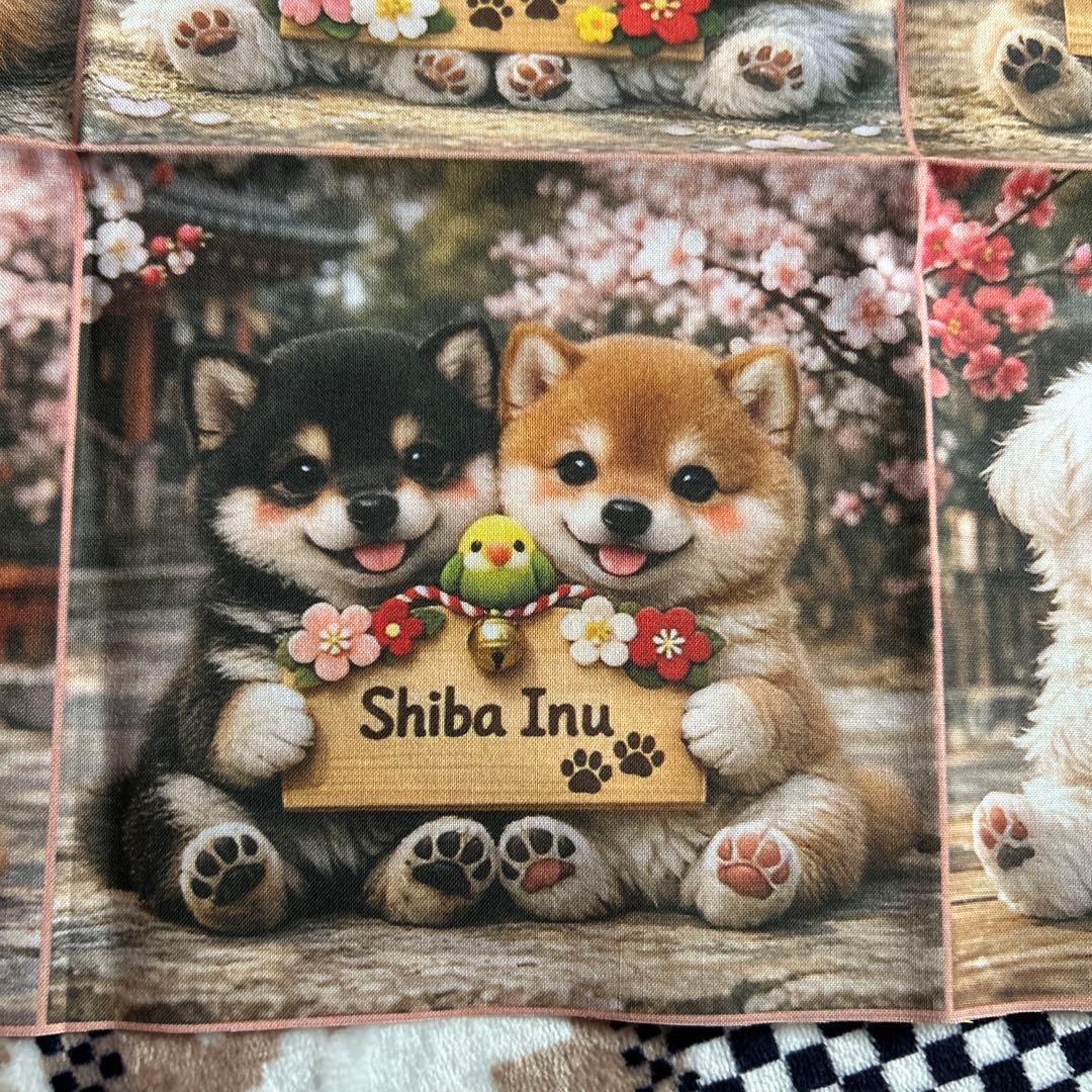 オーダー受付　桜と絵馬　犬猫柄パネル生地　ハンカチ巾着ポーチ