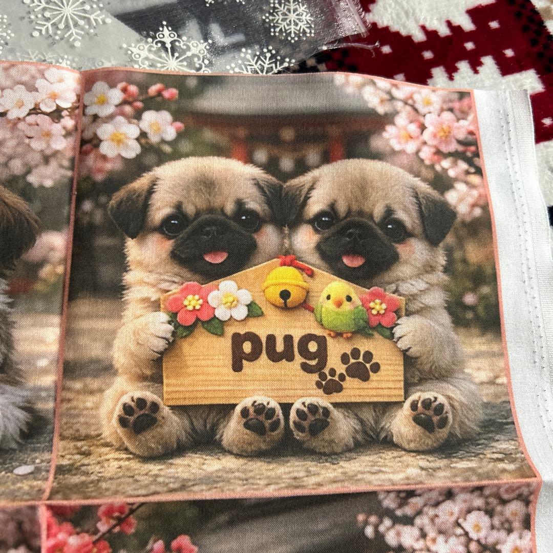 オーダー受付　桜と絵馬　犬猫柄パネル生地　ハンカチ巾着ポーチ