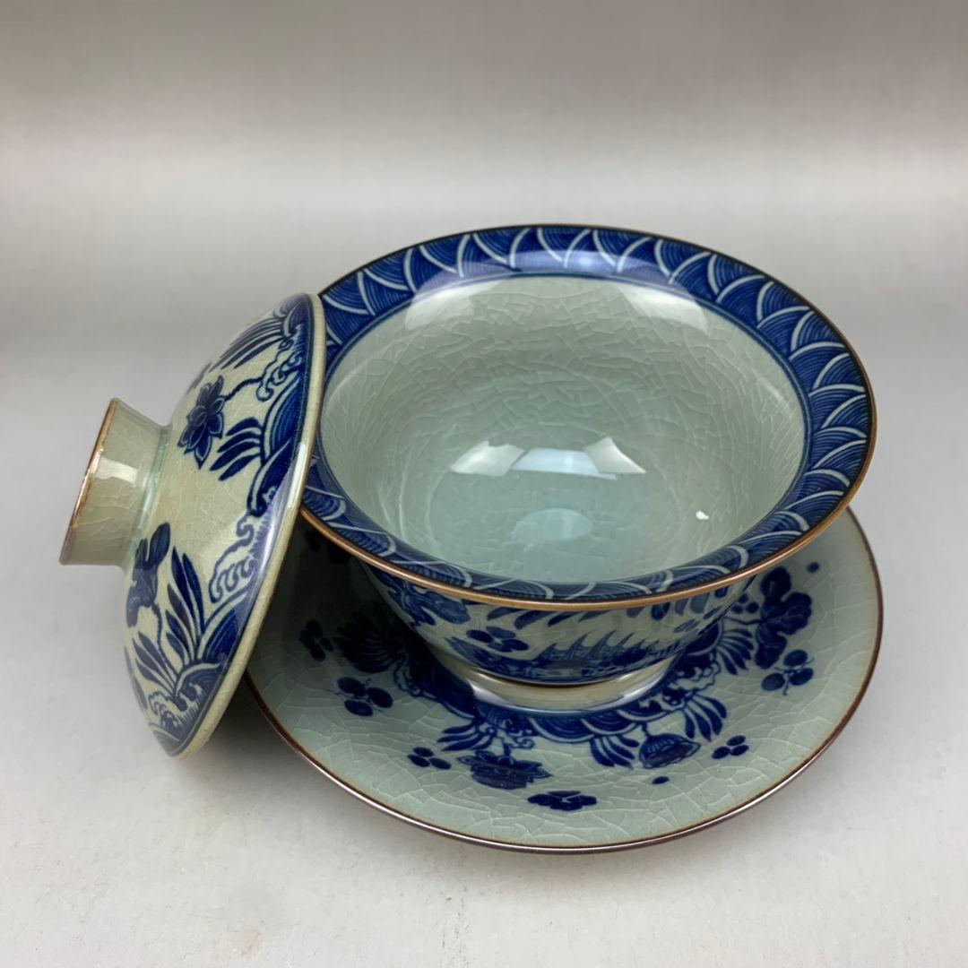 中国茶器 景徳鎮 陶磁器 鯖藻紋開片三才蓋碗 茶道具 工芸品 置物