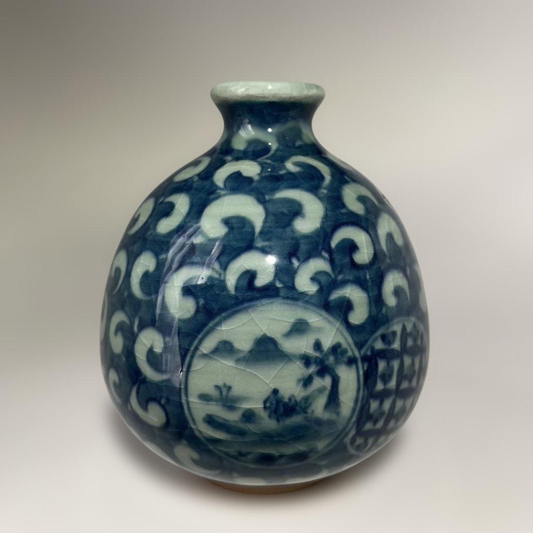 鍋島焼 祥瑞画 花瓶 鍋島青山作 藍色染付 文様 元箱 未使用品