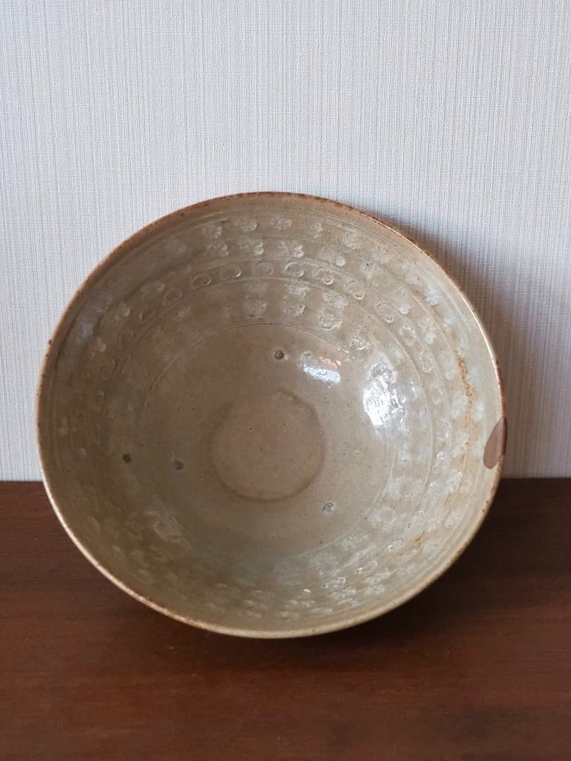 古曾部　三代信平　花三嶋　茶碗　青磁　鉢　金継ぎあり　民藝　茶道具　Q2559