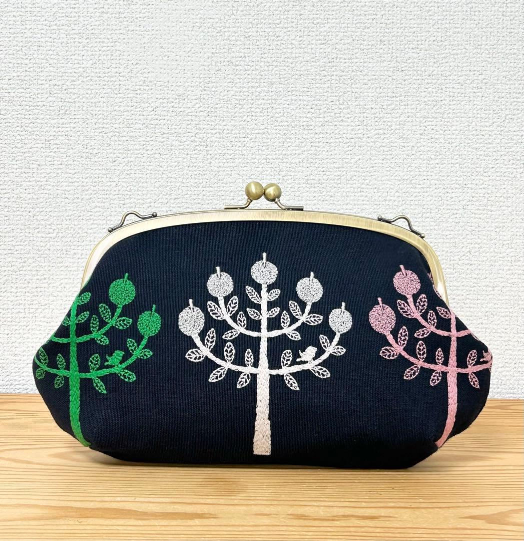 ハンドメイド がま口バッグ ポーチ ringo ネイビー ミナペルホネン 生地