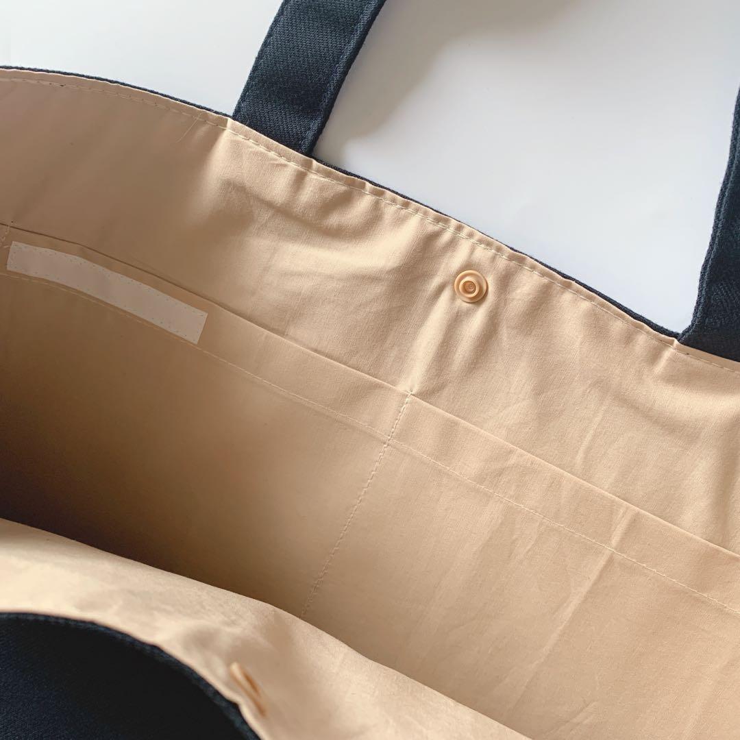 ハンドメイド バッグ３点セット 紺×ベージュリボン