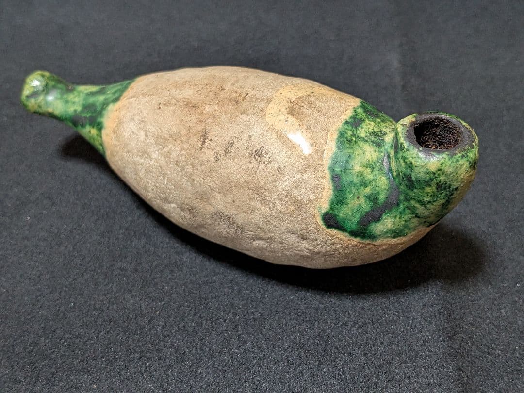 陶製ラトル パイプ オブジェ 音鳴り 民藝 緑釉 工芸品
