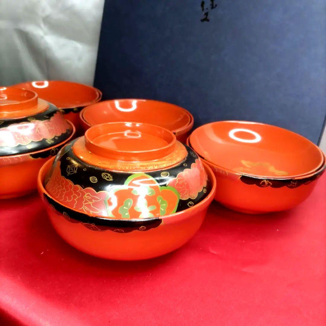 輪島塗　漆器　漆塗　木製　沈金　蓋付碗　煮物椀　吸物椀　飯碗　5客セット　共箱付