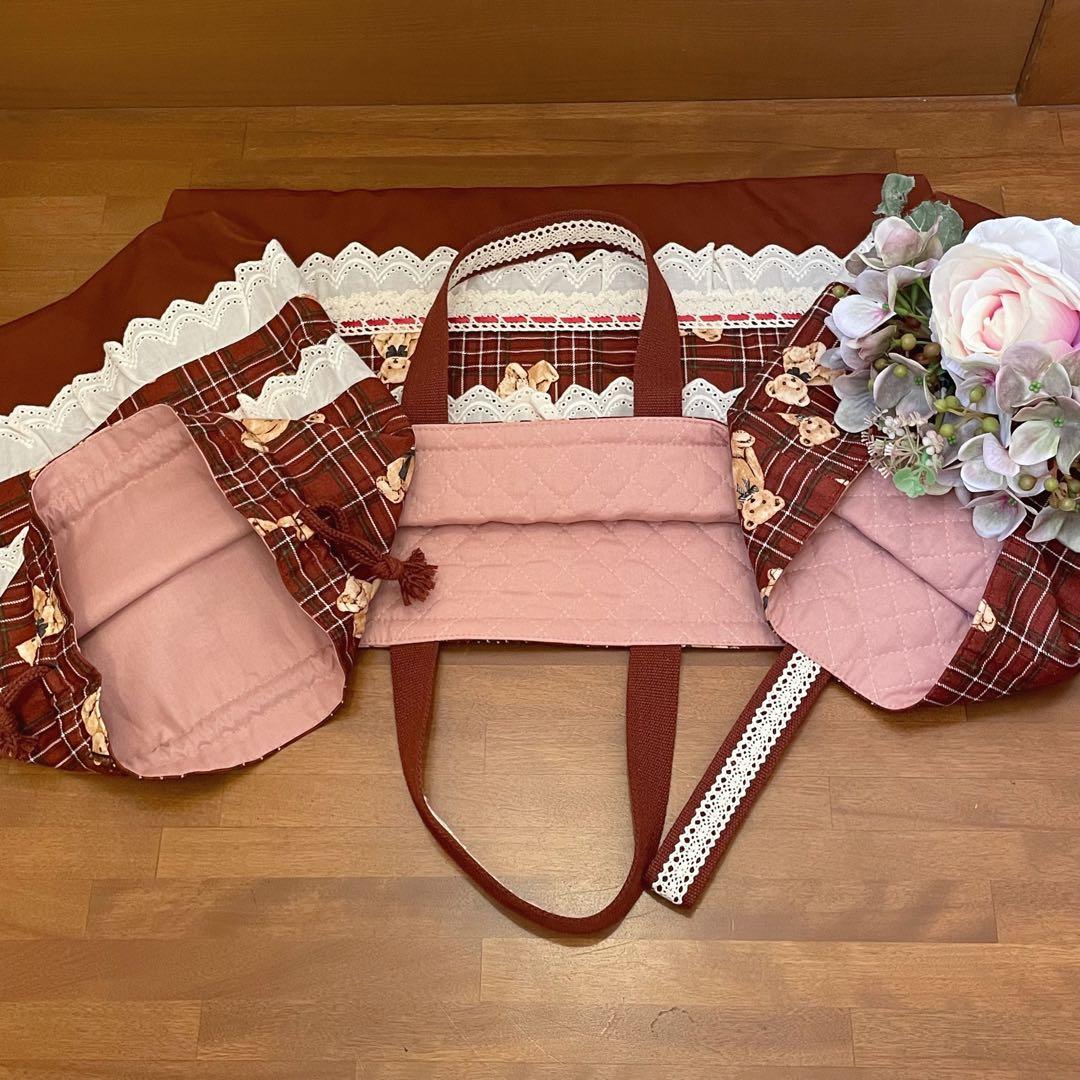入園 入学 3点セット　ハンドメイド　ベアチェック柄　レッド　両面フリル