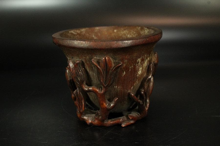 中国美術 竹根 刻 蓮花 碗 洗 13cmx9cm 文房四宝(K-LC561)