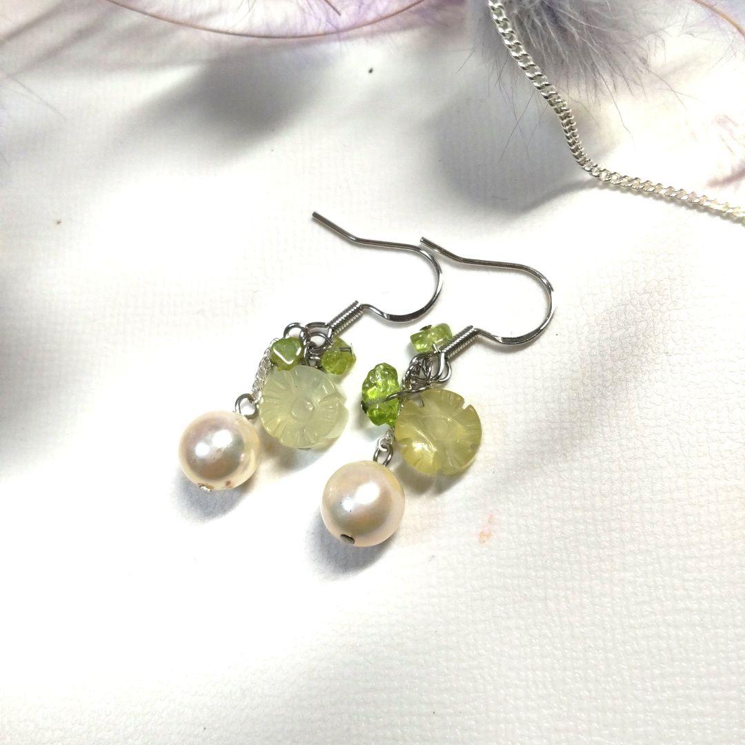 グリーンジェイド、ペリドット、あこや本真珠 ピアス ネックレス セット