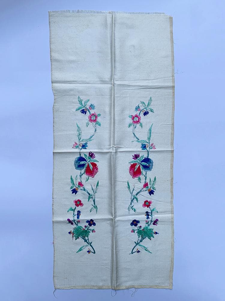 【繍】　★ 織繍 白色綢地繍花果紋挽袖 ★　清時代　桃花桃果 刺繍文様　明清繍品