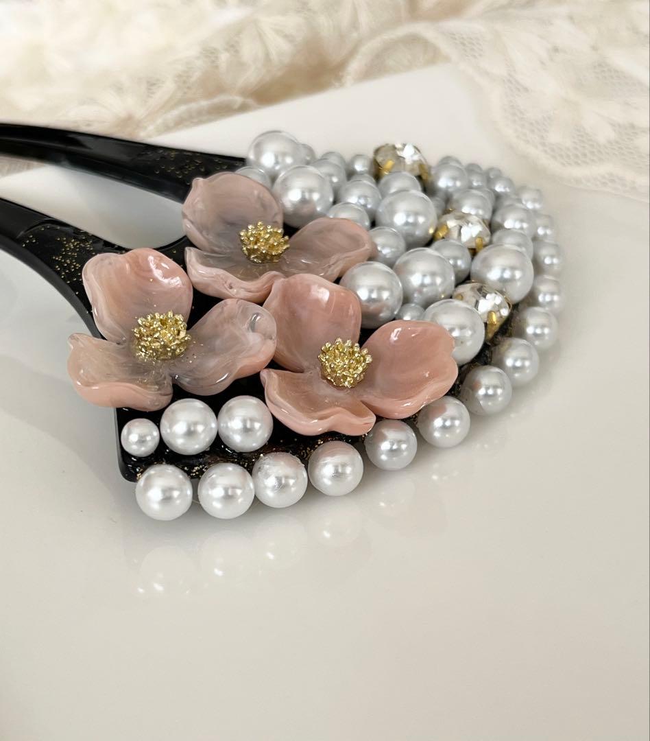 パール×花びら ハンドメイド バチ型かんざし 和装髪飾り フォーマル 結婚式