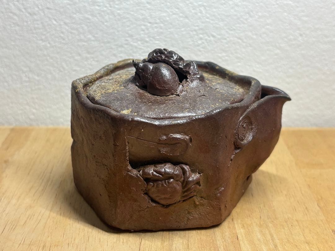 127. 備前焼 宝瓶 登り窯 カニとタニシ 貝6角 手びねり 急須