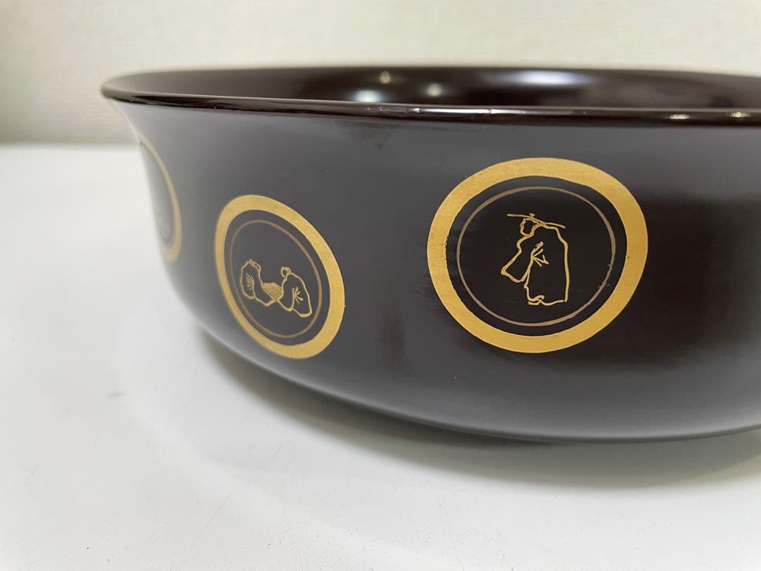 【現状品】黒漆器 金彩 山水 馬 柄 菓子器 蓋付き 内黒塗 割烹 アンティーク