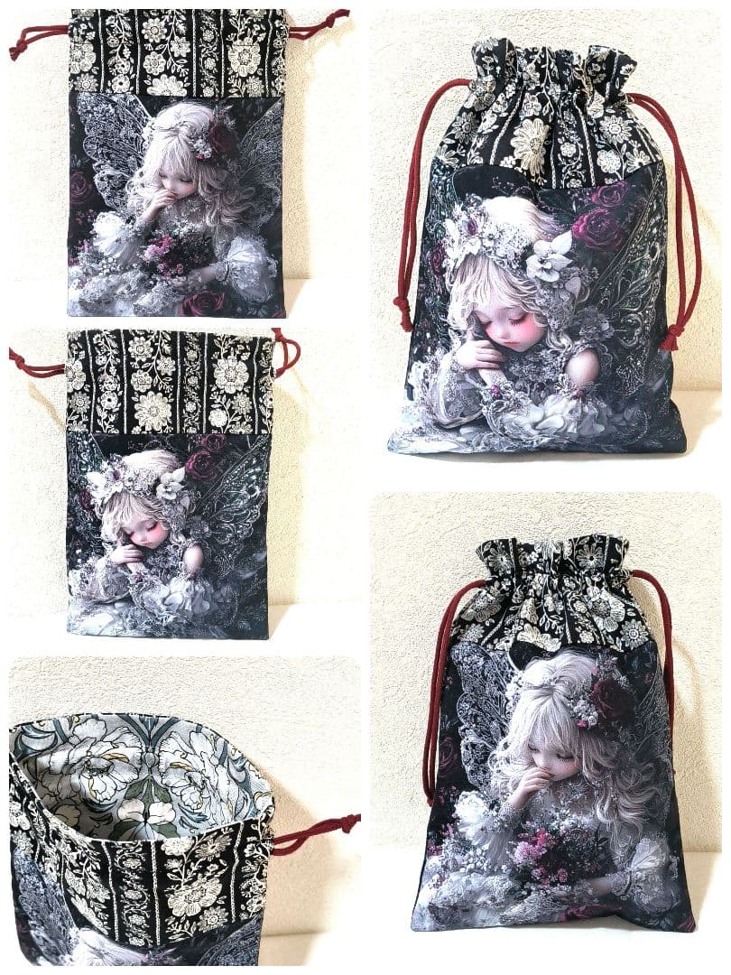 Yourelia様】ハンドメイド★犬&女の子★フリル巾着袋&ハンカチ　8点