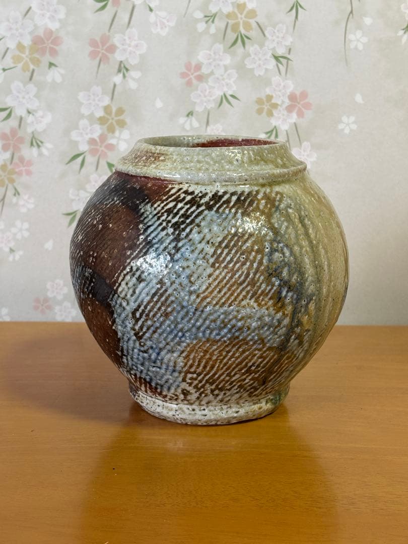 人間国宝　島岡達三 灰被象嵌縄文壷 共箱　美品　花瓶　益子焼