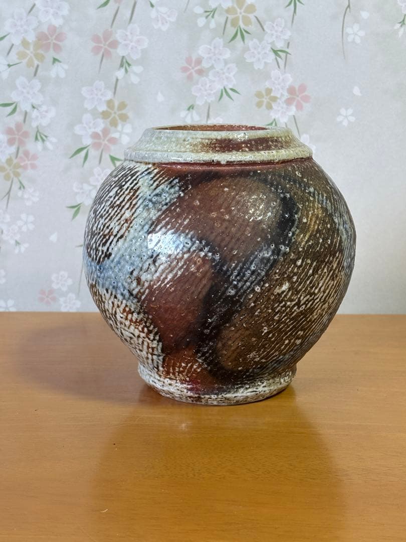 人間国宝　島岡達三 灰被象嵌縄文壷 共箱　美品　花瓶　益子焼