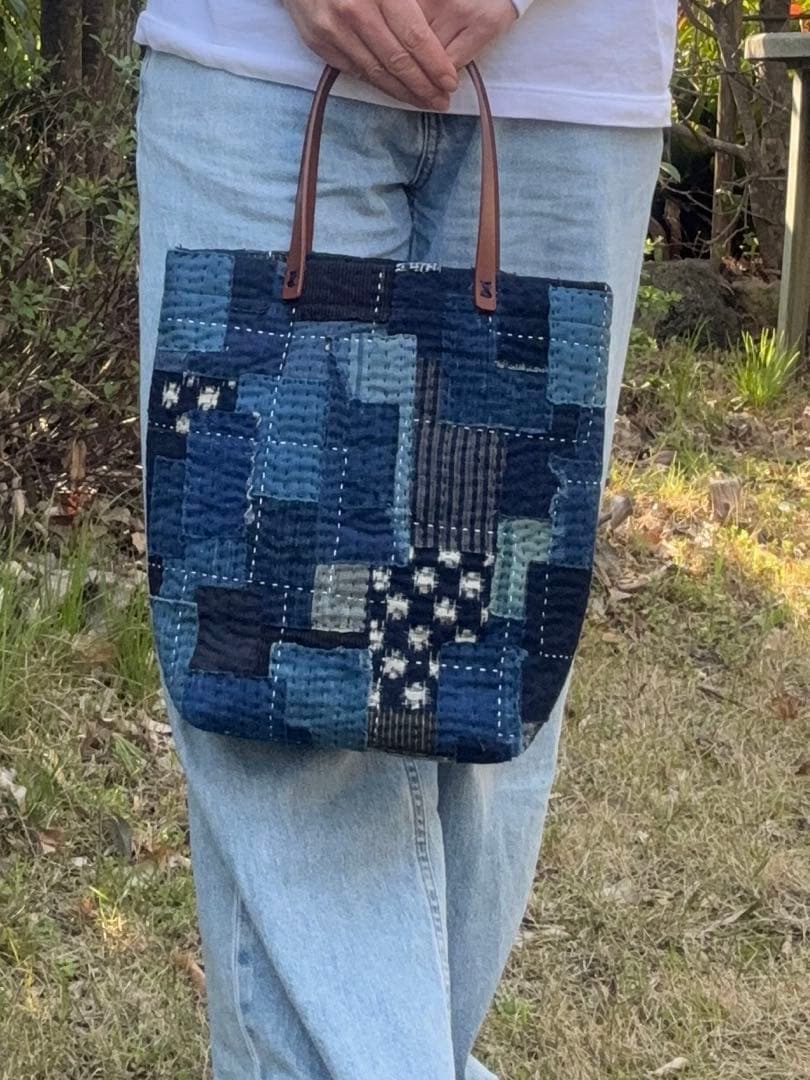 古布リメイク　ハンドメイド　藍染　刺し子 トートバッグ　本革ハンドル