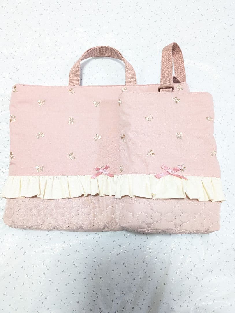 レッスンバッグ　上履き入れ　体操服袋　チェリー刺繍×チェリーキルト　ハンドメイド