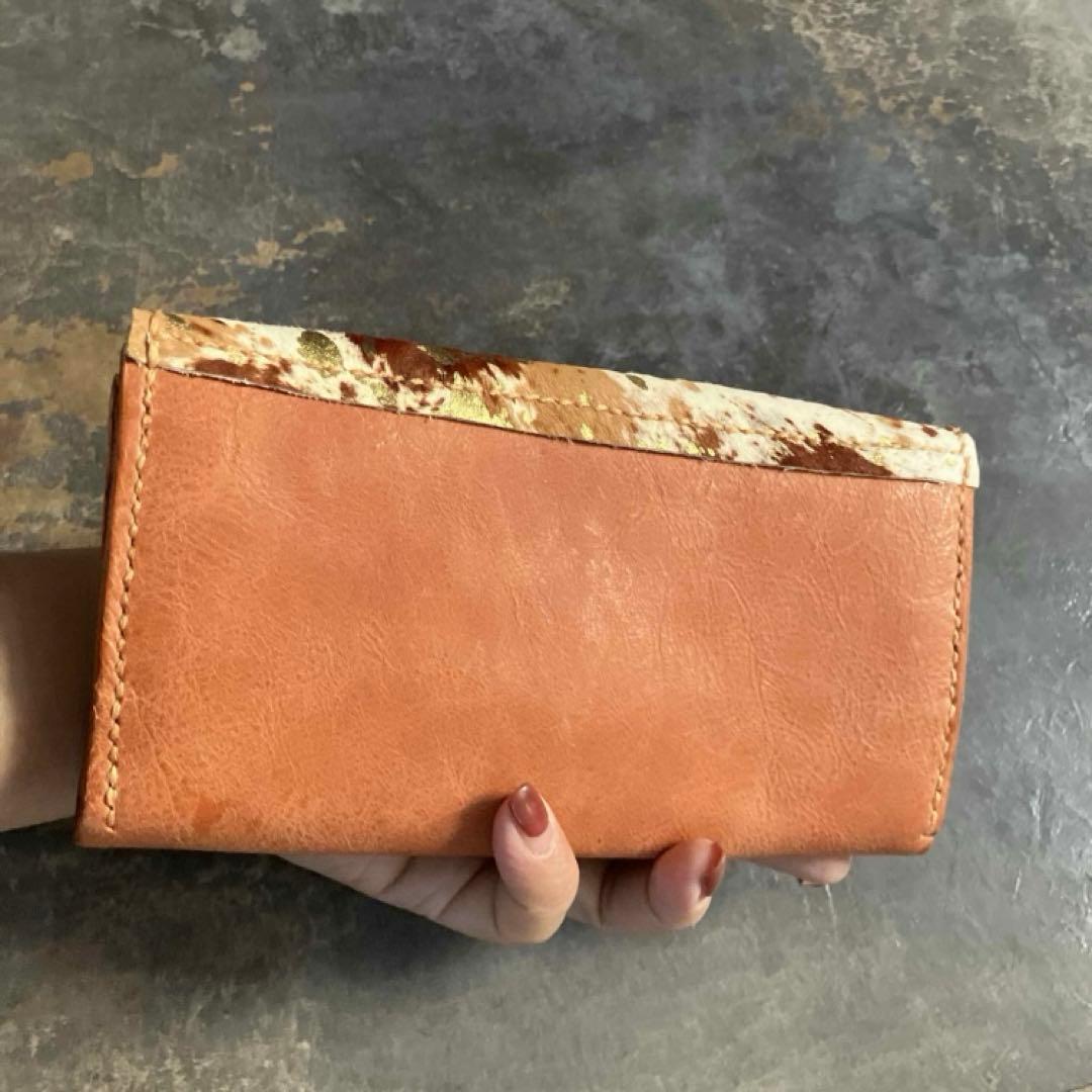 本革☆ハラコ財布　サーモンオレンジ　金箔型押しハラコ 長財布