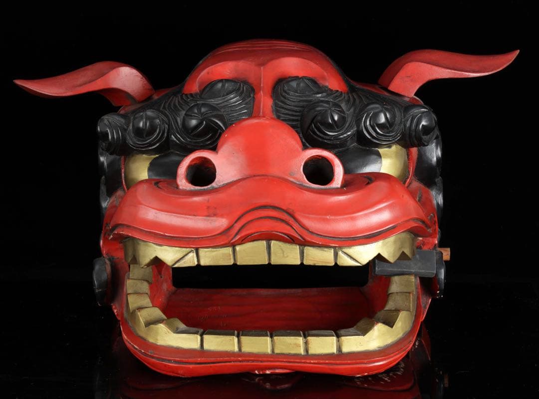ハ*ル様 時代物 木彫獅子頭 朱漆金彩 幅49cm 獅子舞 神楽面 魔除 縁起物
