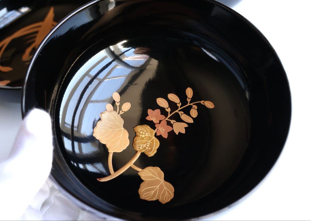 メルリン【CM397】天然木漆塗 菊桐鳳凰金蒔絵 黒塗煮物椀 二客 昭和期