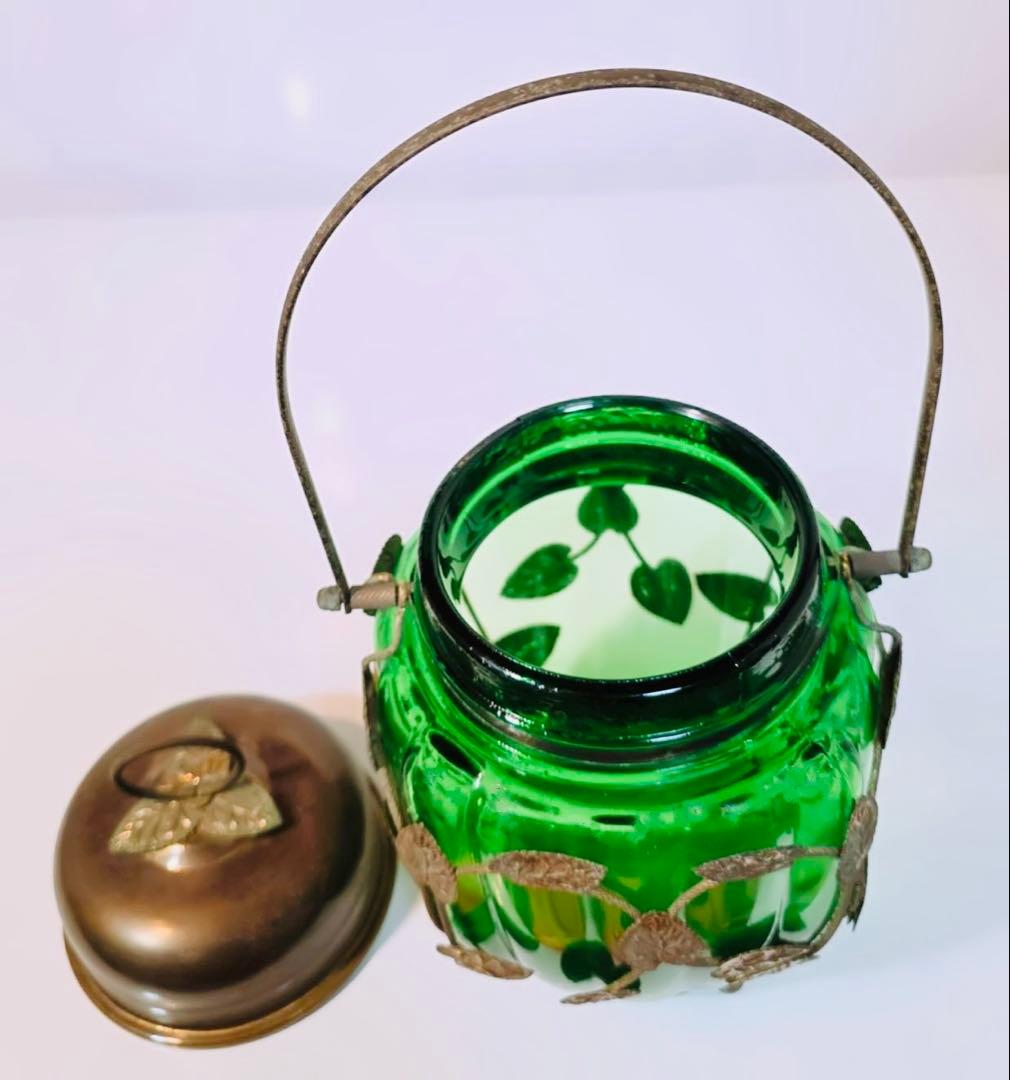 1964年製オルゴール昭和レトロ真鍮キャンディ緑ガラスポット雑貨ビンテージ寺田製