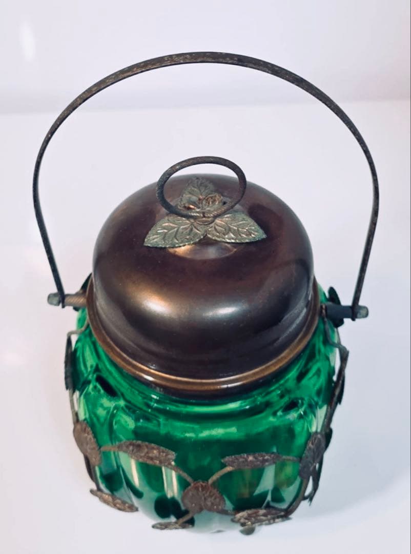 1964年製オルゴール昭和レトロ真鍮キャンディ緑ガラスポット雑貨ビンテージ寺田製