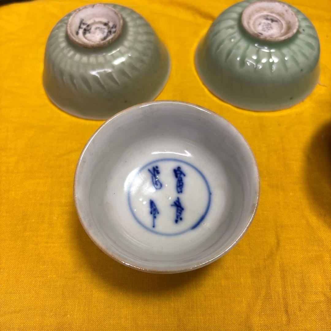 青磁　富貴長春 茶碗 5客 古美術