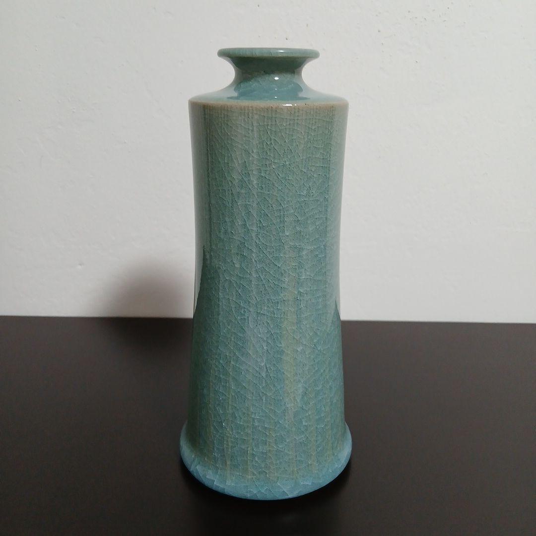 青磁　堂前忠正　※箱無し 青緑色のひび割れ釉薬の陶器花瓶　花生
