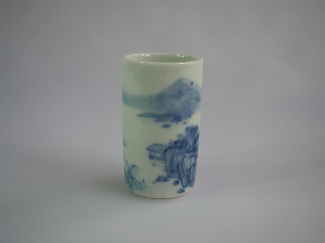初代大丸北峰造『染付山水絵茶巾筒』（共箱）