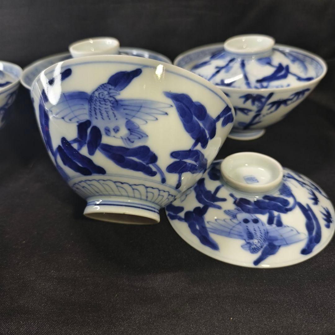 古伊万里 染付茶碗 蓋付き 鳥竹分 在銘 作家物 明治骨董 蒐集家放出未使用美品