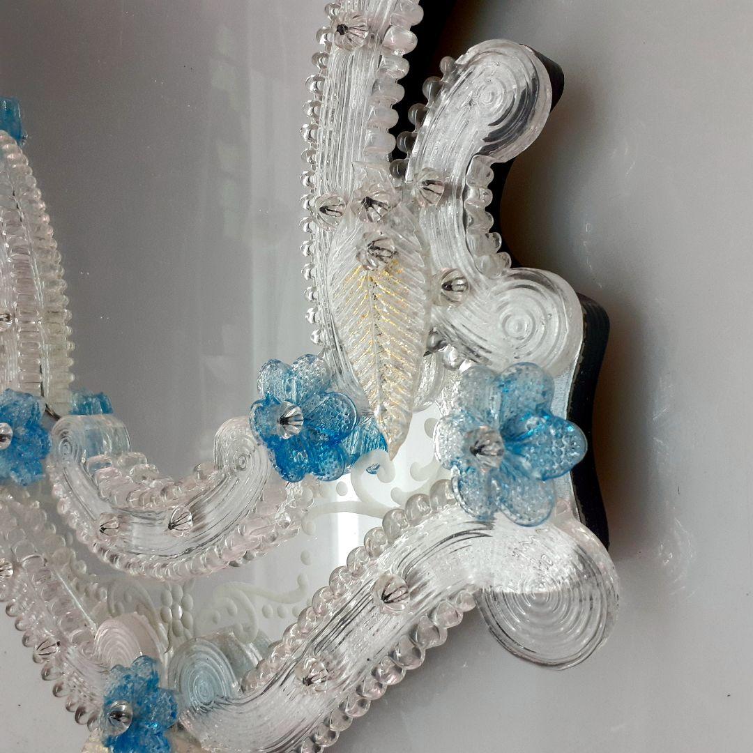 MURANO 73cm ムラノ 大型 ブルー 花飾り ウォールミラー 壁面 鏡