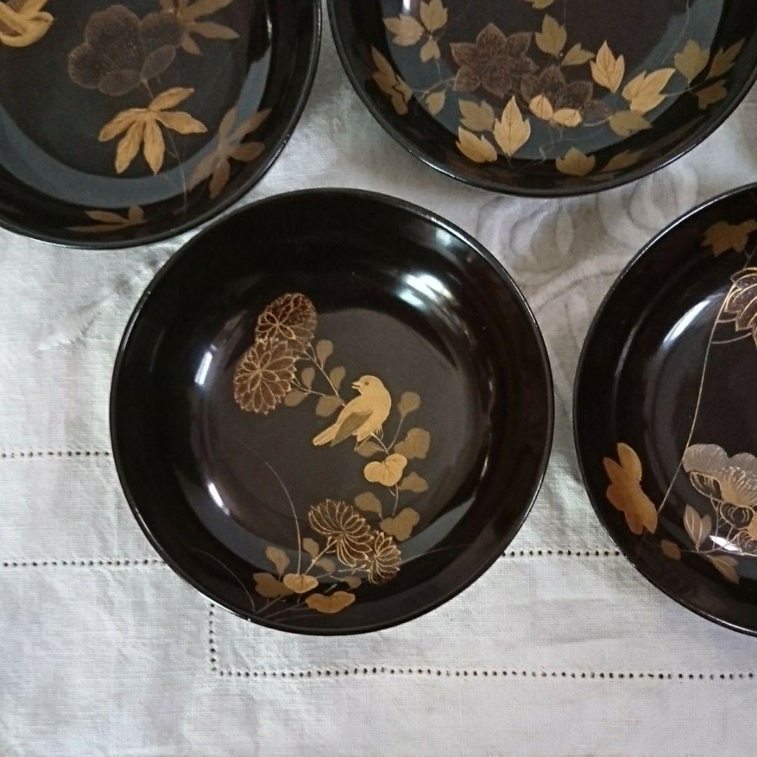 輪島塗 銘々皿 5枚 草花鳥蒔絵