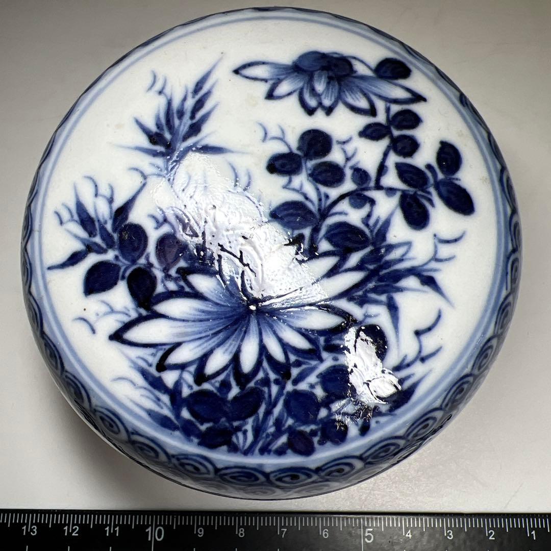 中国清時代　青花草花図蓋物　幅約10㎝　東Y8-0331☆2Fトヒコ