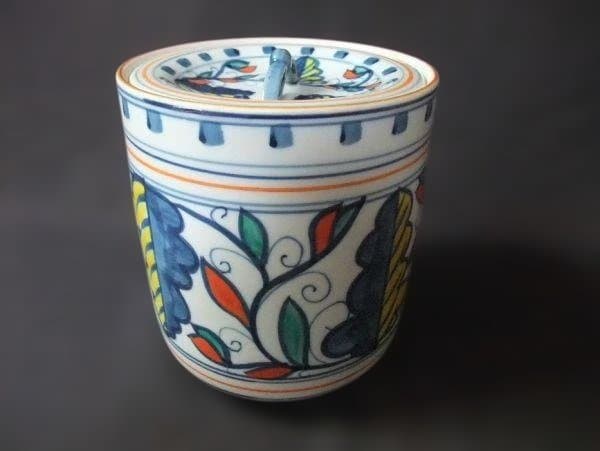 「洞華苑」水指 染付 色絵磁器 洋風 レトロ 茶器 茶道具 紙箱